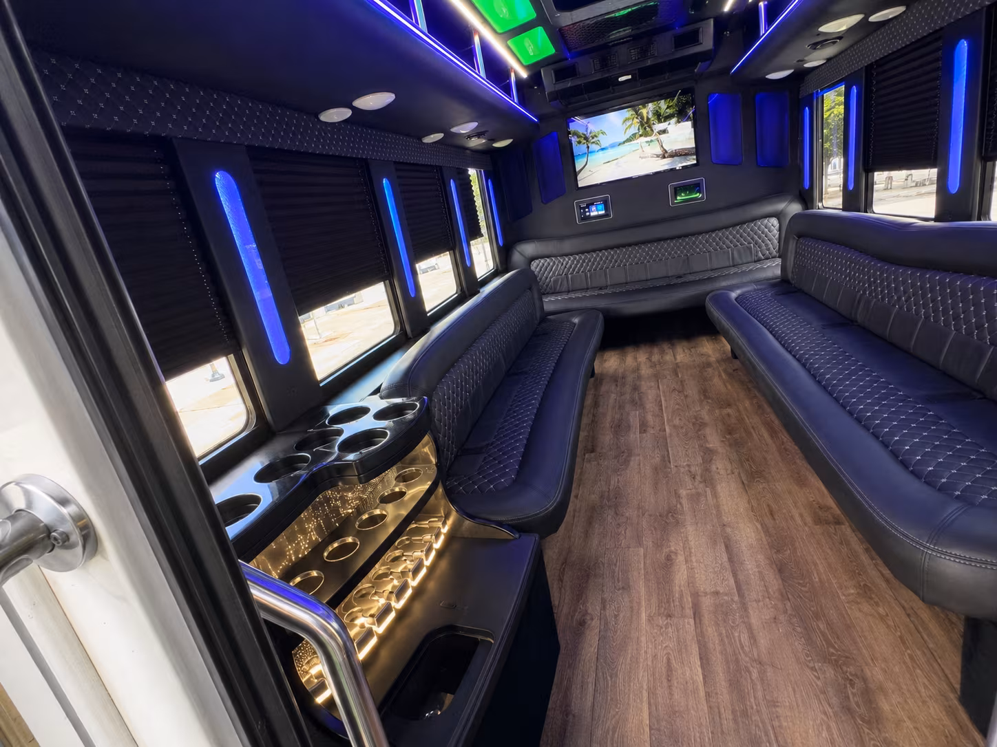 Passenger seating aboard a party bus rental serving Lubbock