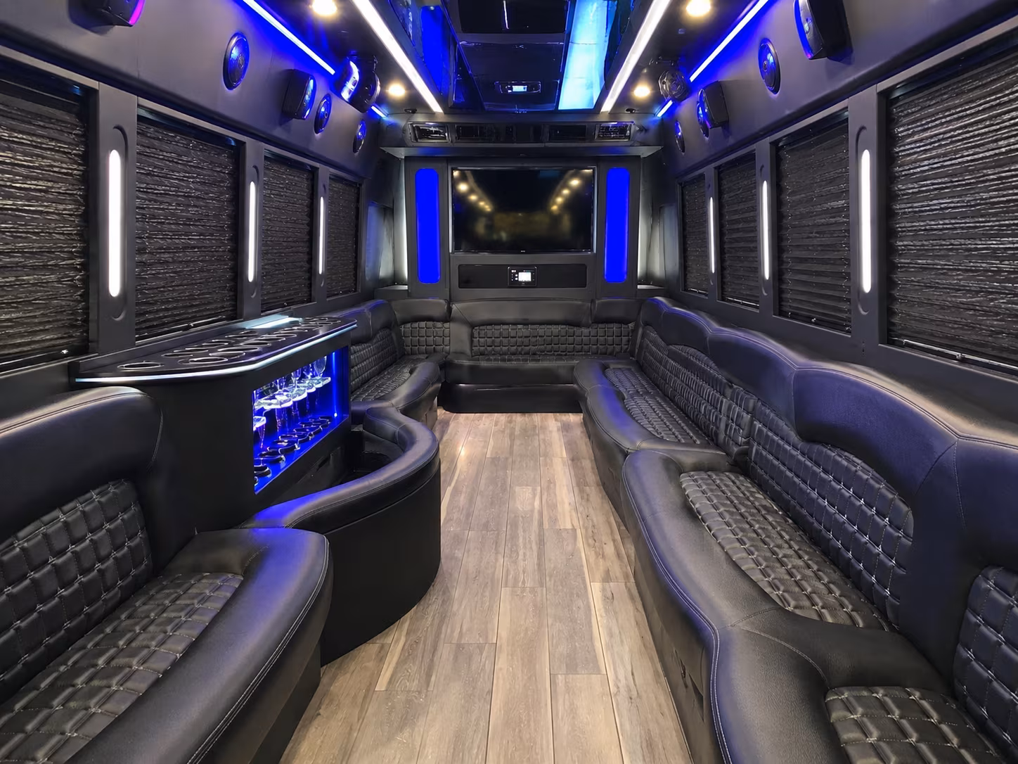 Interior of a party bus rental serving Lubbock